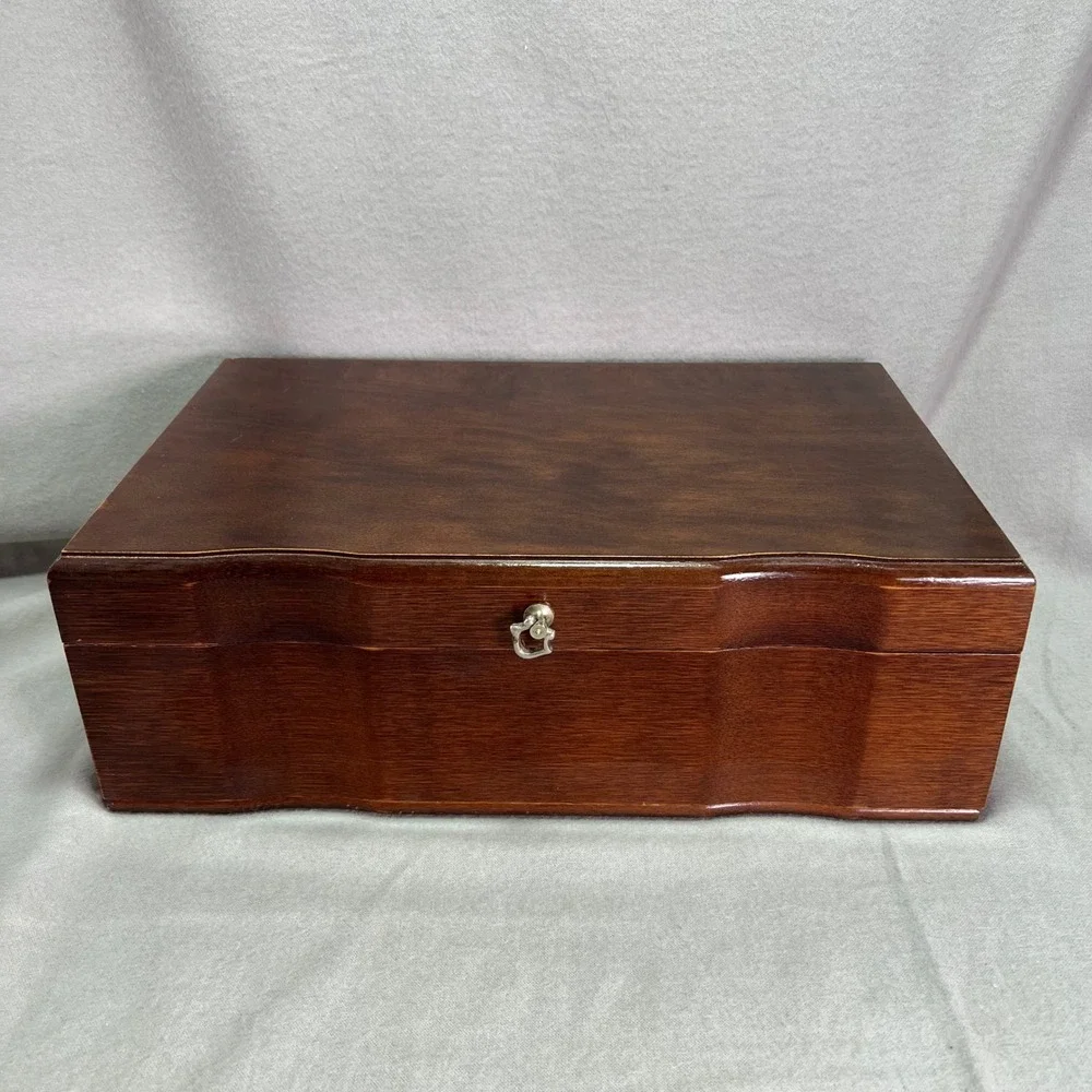 Vintage Wooden Jewelry Box Chest Red Velvet Lining Removable Tray Necklace Hooks